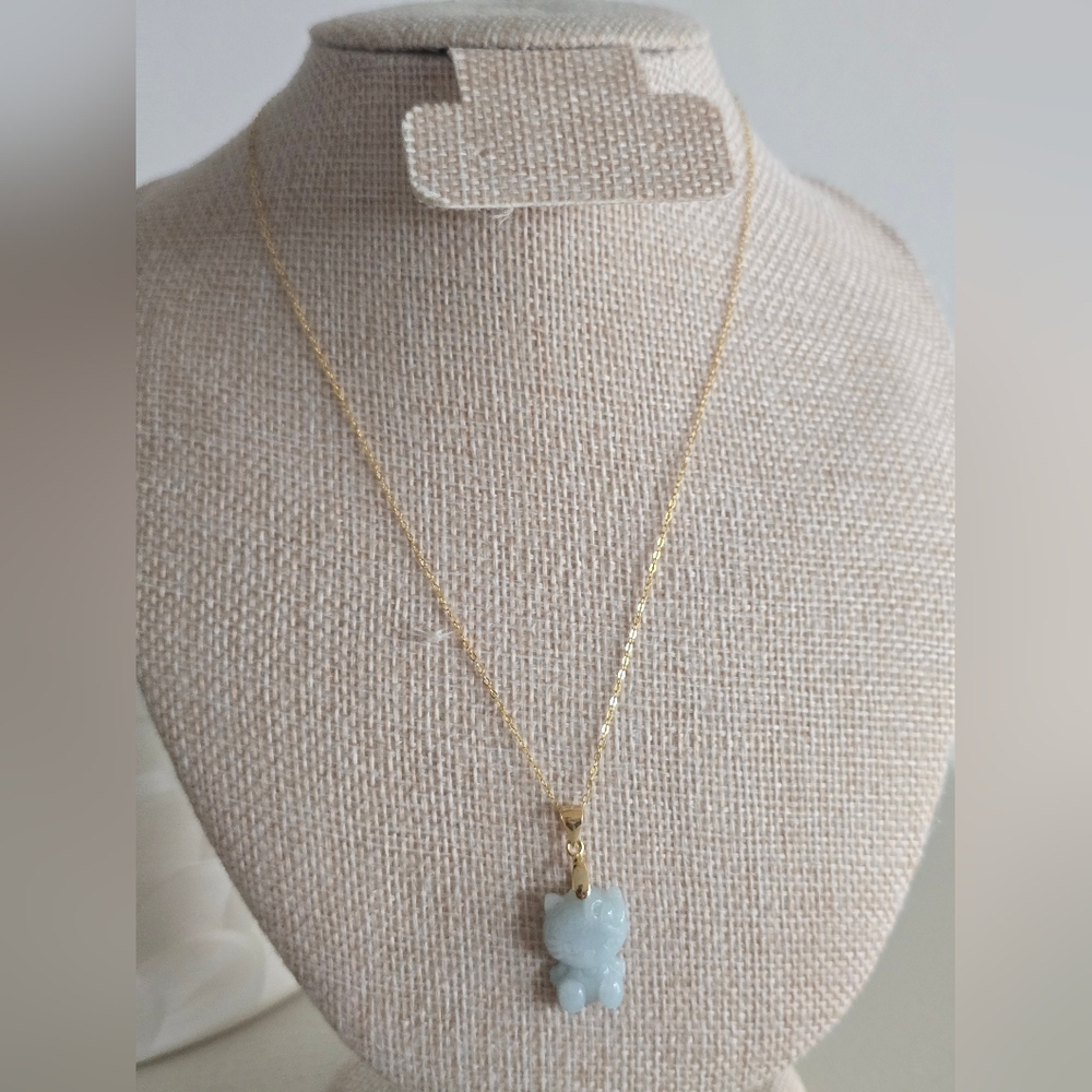 Carved Jade Hello Kitty Pendant with Gold Plated on 925 Chain